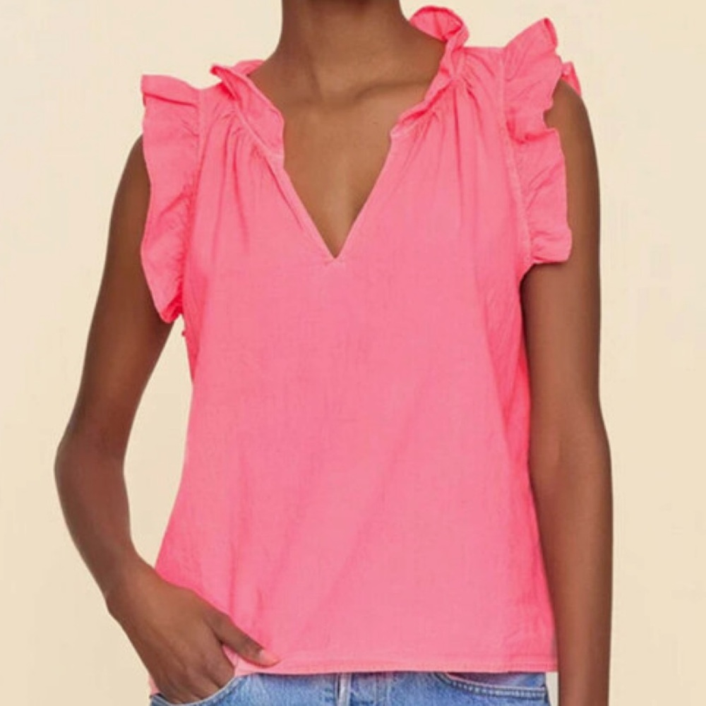XÍRENA Neon Pink Bex Top Ruffle Sleeves V-Neck Blouse 100% Cotton Size Medium